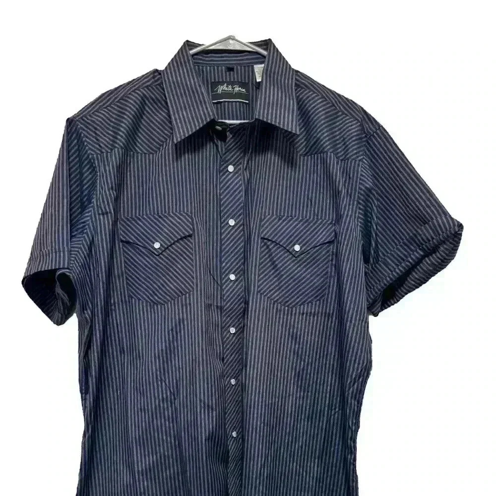 Western Shirt White Horse Short Sleeve brown and navy with pearl snap buttons XL